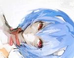  1girl ayanami_rei banpai_akira blue_hair bust expressionless hair_ornament neon_genesis_evangelion parted_lips plugsuit red_eyes short_hair solo white_background 