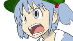  1girl blue_eyes blue_hair hair_bobbles hair_ornament hat kawashiro_nitori naganohara_mio nichijou open_mouth parody short_hair short_twintails solo style_parody sweat sweatdrop touhou twintails 