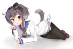  1girl anchor animal_ears arm_support blush boots brown_hair dog_ears dog_tail kantai_collection lying paw_pose payot short_hair solo tail terras thigh-highs tokitsukaze_(kantai_collection) yellow_eyes 