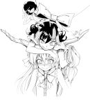  3girls black_hair blush bow camera dress hair_bow hat highres horn_ribbon horns ibuki_suika kijin_seija long_hair monochrome multicolored_hair multiple_girls person_on_head ribbon shameimaru_aya short_hair short_sleeves simple_background slit_pupils smile streaked_hair tanuk tokin_hat touhou white_background 