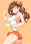  1girl ;q alcohol alternate_costume ass beer breasts brown_hair clenched_hand cup double_bun headgear highres hooters impossible_clothes impossible_shirt kanna_kanaki kantai_collection kongou_(kantai_collection) long_hair mug orange_background short_shorts shorts solo tongue tongue_out wink 