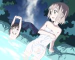  2girls arms_up bare_shoulders black_hair blush ginmaru green_eyes grin highres kuraue_hinata looking_back mountain multiple_girls nature onsen open_mouth outdoors smile stretch towel violet_eyes wink yama_no_susume yukimura_aoi 