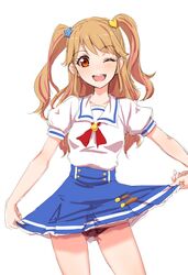  1girl aikatsu! black_panties blush bow brown_hair clearite highlights long_hair looking_at_viewer multicolored_hair natsuki_mikuru one_eye_closed open_mouth panties pink_hair red_eyes school_uniform skirt skirt_lift smile solo underwear 