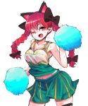  1girl alternate_costume animal_ears blush breasts cat_ears cheerleader extra_ears kaenbyou_rin long_hair looking_at_viewer midriff navel one_eye_closed open_mouth pointy_ears pom_poms red_eyes redhead simple_background skirt solo touhou white_background yunuki_uta 