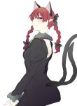  1girl animal_ears back bow braid cat_ears cat_tail colored dress hair_bow hair_ornament highres juliet_sleeves kaenbyou_rin long_hair long_sleeves looking_at_viewer looking_back multiple_tails ninonini pointy_ears puffy_sleeves red_eyes redhead simple_background sketch smile solo tail touhou transparent_background twin_braids 