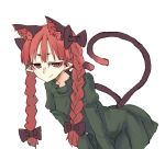  1girl animal_ears bow braid cat_ears cat_tail extra_ears hair_bow kaenbyou_rin long_hair looking_at_viewer multiple_tails pointy_ears red_eyes redhead simple_background smile solo tail touhou twin_braids white_background yuniki_uta yunuki_uta 