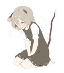 1girl akagashi_hagane animal_ears barefoot blush breath grey_hair jewelry mouse_ears mouse_tail nazrin necklace red_eyes shirt short_hair short_sleeves simple_background sitting skirt skirt_set slime solo sweat tail tail_raised touhou trembling vest white_background