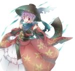  1girl bowl_hat chest_plate dress fingernails floral_print gauntlets gesture hands_raised japanese_clothes kimono muneate open_mouth pink_eyes purple_hair scarf simple_background smile sukuna_shinmyoumaru tagme torn_clothes toropp touhou white_background white_dress 