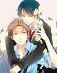  1boy 1girl blue_hair brown_eyes brown_hair flower gekkan_shoujo_nozaki-kun green_eyes hori_masayuki hug hug_from_behind kashima_yuu short_hair 