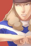  1boy brown_eyes brown_hair bust clenched_teeth dolustoy earth_eleven face inazuma_eleven_(series) inazuma_eleven_go inazuma_eleven_go_galaxy kusaka_ryuuji male open_eyes simple_background slit_pupils soccer_uniform solo sportswear 