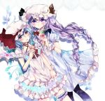  2girls alternate_costume bat_wings blue_hair bow braid ginzuki_ringo hair_bow hair_ribbon hat highres holding_hands ice_cream_cone long_hair looking_at_viewer mob_cap multiple_girls open_mouth patchouli_knowledge purple_hair red_eyes remilia_scarlet ribbon short_hair touhou twin_braids violet_eyes wings 