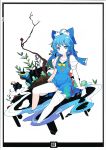  1girl absurdres adapted_costume alternate_costume blue_dress blue_eyes blue_hair bow cirno dress earrings hair_ribbon highres ideolo jewelry leaf looking_at_viewer no_wings partially_submerged puffy_sleeves ribbon scan short_hair short_sleeves simple_background sitting solo sweatdrop touhou water wet wet_clothes white_background 