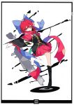  1girl absurdres adapted_costume alternate_costume asymmetrical_legwear barefoot black_legwear cape covering_mouth full_body hair_ornament hair_ribbon highres ideolo long_sleeves looking_at_viewer outstretched_arm red_eyes redhead ribbon scan sekibanki shirt short_hair simple_background skirt socks solo touhou vest white_background white_legwear wide_sleeves 