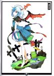  1girl absurdres barefoot blue_hair book bow capelet gloves head_wings highres horns ideolo looking_at_viewer multicolored_hair parted_lips profile red_eyes ribbon scan shirt short_hair simple_background skirt skirt_set solo tokiko_(touhou) touhou two-tone_hair vest white_background wings 