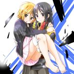  2girls akiyama_mio black_eyes black_hair blonde_hair brown_eyes carrying dress dresstrip gloves k-on! long_hair multiple_girls princess_carry short_hair tainaka_ritsu yuri 