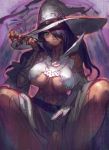  belt black_hair breasts crescent_moon dark_skin green_eyes hair_over_one_eye hat highres lack large_breasts long_hair moon navel original pipe sitting smoke underboob white_witch_(lack) witch_hat 