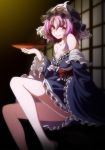  1girl absurdres bare_legs bare_shoulders barefoot blush breasts cleavage collarbone dark_background highres holding indoors japanese_clothes kimono looking_at_viewer mob_cap obi purple_hair s-syogo saigyouji_yuyuko sakazuki sash sitting smile solo touhou triangular_headpiece violet_eyes wavy_hair 