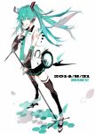  1girl aqua_eyes aqua_hair dated detached_sleeves hatsune_miku headset highres long_hair microphone necktie skirt solo thighhighs twintails vocaloid xdakn zettai_ryouiki 