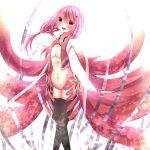  1girl bare_shoulders black_legwear breasts center_opening cleavage crying detached_sleeves elbow_gloves gloves guilty_crown hair_ornament hairclip highres kakyoxx long_hair looking_at_viewer navel open_mouth pink_hair red_eyes solo thigh-highs twintails yuzuriha_inori 