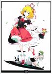  1girl absurdres blonde_hair blue_eyes bow doll doll_joints dress flower hair_bow hair_ribbon highres ideolo lily_of_the_valley looking_at_viewer medicine_melancholy ribbon scan short_hair skirt smile su-san touhou wings 