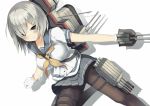  1girl black_legwear blue_eyes breasts gloves hair_ornament hair_over_one_eye hairclip hamakaze_(kantai_collection) highres kantai_collection looking_at_viewer machinery pantyhose pleated_skirt school_uniform serafuku silver_hair skirt smile tagme turret white_gloves yuui_hutabakirage 