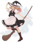  1girl apron bamboo_broom blonde_hair braid broom cross-laced_footwear frilled_skirt frills hand_to_hat hat hatake_michi kirisame_marisa long_hair puffy_short_sleeves puffy_sleeves short_sleeves side_braid skirt touhou vest witch_hat yellow_eyes 