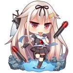  1girl blonde_hair chibi fang gloves hair_ornament hair_ribbon hairclip hitsuki_rei kantai_collection long_hair looking_at_viewer lowres machinery open_mouth red_eyes ribbon solo torpedo turret yuudachi_(kantai_collection) 