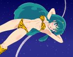  1girl bikini blue_eyes boots green_hair horns long_hair lum lupus swimsuit tiger_print urusei_yatsura 