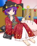  1girl barefoot bowl_hat fenikkusu_takahashi japanese_clothes kimono minigirl needle obi purple_hair sash short_hair sukuna_shinmyoumaru touhou violet_eyes 