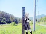  1girl breasts grass hana-kagume kneehighs kosegawa_shiromi leaning looking_down photo_background pleated_skirt power_lines saki school_uniform see-through short_hair short_sleeves skirt sky solo telephone_pole tree vest 