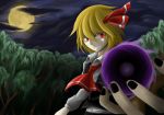  1girl ascot clouds cloudy_sky energy_ball evil_grin evil_smile foreshortening full_moon grin hair_ribbon highres moon night red_eyes ribbon rumia shirt short_hair sky smile sphere touhou tree vest 