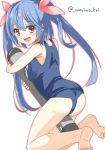  1girl :d ass barefoot blue_hair hair_ornament hair_ribbon i-19_(kantai_collection) kantai_collection looking_at_viewer marimo_kei object_hug open_mouth red_eyes ribbon school_swimsuit smile solo swimsuit tagme torpedo twintails 