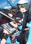  1girl cape eyepatch green_eyes green_hair hat hijiri_(resetter) kantai_collection kiso_(kantai_collection) looking_at_viewer midriff navel open_mouth saber_(weapon) school_uniform serafuku skirt solo striped striped_skirt sword weapon 