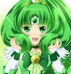  1girl absurdres bowtie brooch choker circlet cure_march green_eyes green_hair hair_tussle highres jewelry long_hair magical_girl midorikawa_nao precure sharumon smile smile_precure! solo tri_tails wrist_cuffs 
