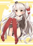  1girl amatsukaze_(kantai_collection) black_panties blush brown_eyes garter_straps gloves hair_tubes kantai_collection long_hair looking_at_viewer panties school_uniform serafuku shima_(shima_je) side-tie_panties silver_hair single_glove smile solo striped striped_legwear thigh-highs twintails underwear white_gloves 