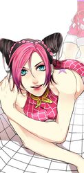  1girl black_hair blue_eyes boots double_bun joestar_birthmark jojo_no_kimyou_na_bouken kuujou_jolyne midriff multicolored_hair pink_hair satoko_(nasupon95919) solo string two-tone_hair 