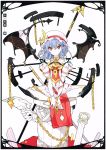 1girl absurdres alternate_costume bat_wings blue_hair chain dress earrings hat highres huge_filesize ideolo jewelry mob_cap puffy_sleeves red_eyes remilia_scarlet ring scan short_hair short_sleeves sitting sitting_on_object solo touhou wings 