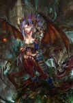  1girl armor baraba_baba bat_wings breasts cleavage creature feathers highres horns lavender_hair magic monster_girl original pointy_ears standing weapon wings 