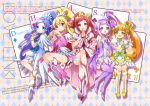  5girls :d aida_mana argyle argyle_background arm_warmers bike_shorts blonde_hair blue_eyes blue_hair boots bow brown_hair card character_name choker clubs clubs_hands crossed_legs cure_ace cure_diamond cure_heart cure_rosetta cure_sword diamond_(shape) dokidoki!_precure double_bun earrings english flower hair_bow hair_flower hair_ornament hair_ribbon heart heart_hair_ornament heart_hands hishikawa_rikka hoshi_(xingspresent) jewelry kenzaki_makoto knee_boots long_hair madoka_aguri magical_girl multiple_girls open_mouth pink_eyes playing_card precure purple_hair purple_legwear red_eyes redhead ribbon shoes short_hair shorts_under_skirt side_ponytail skirt smile spade spade_hair_ornament thigh-highs thigh_boots twintails violet_eyes wrist_cuffs yellow_eyes yotsuba_alice 