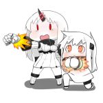  2girls breasts capriccyo chibi claws covered_mouth detached_sleeves dress horn horns kantai_collection long_hair mittens multiple_girls northern_ocean_hime open_mouth red_eyes rocket_punch seaport_hime shinkaisei-kan tears white_background white_dress white_hair white_skin 