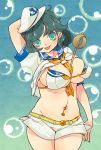  1girl arm_up belt between_breasts black_hair bra breasts bubble colored_eyelashes curvy ears green_eyes hand_behind_head hat highres hips hishaku large_breasts mound_of_venus murasa_minamitsu navel_piercing open_mouth piercing sailor_collar sailor_hat short_hair skirt smile touhou tsuutenkaaku underwater underwear 