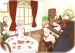  ;) alternate_costume blonde_hair bookshelf bow brown_eyes brown_hair cake chair cup curtains dress eating flower food frilled_dress frills green_eyes hair_bow hand_on_own_cheek instrument knife kurage_(artist) lavender_hair layla_prismriver long_hair lunasa_prismriver lyrica_prismriver merlin_prismriver no_hat one_eye_closed piano piano_bench picture_(object) plant playing_instrument playing_piano portrait_(object) potted_plant sitting smile sweets table tea teacup teapot touhou violin yellow_eyes 