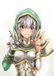  1girl armor erementa grin hood league_of_legends looking_at_viewer nail_polish red_eyes riven_(league_of_legends) short_hair silver_hair smile solo v 