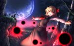  1girl :d ascot bare_tree blonde_hair celtic_cross cross darkness hair_ribbon highres minamina moon mountain night open_mouth outstretched_arms red_eyes ribbon rumia shirt short_hair skirt smile spread_arms touhou tree vest 
