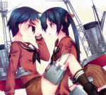  2girls arm_support black_hair door_to_heaven hair_ribbon kantai_collection machinery mikuma_(kantai_collection) mogami_(kantai_collection) multiple_girls open_mouth ribbon shorts sitting tears turret twintails yellow_eyes 