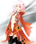  1girl bare_shoulders black_legwear breasts center_opening cleavage detached_sleeves elbow_gloves fingerless_gloves gloves guilty_crown hair_ornament hairclip krone long_hair looking_at_viewer navel open_mouth outstretched_arms pink_hair red_eyes solo thigh-highs twintails yuzuriha_inori 
