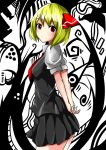  1girl abstract_background arms_behind_back blonde_hair hair_ribbon highres ichitsuki_nebura pleated_skirt puffy_short_sleeves puffy_sleeves red_eyes ribbon rumia shirt short_hair short_sleeves skirt smile touhou vest 
