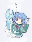 1girl :d biyon blue_eyes blue_hair chibi drill_hair japanese_clothes kimono looking_at_viewer mermaid monster_girl open_mouth short_hair sketch smile solo touhou translation_request wakasagihime