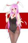  1girl absurdres animal_ears ascot bare_arms bare_shoulders black_legwear breasts bunny_girl bunnysuit card choker cleavage crescent highres leotard long_hair looking_at_viewer necktie open_mouth pantyhose purple_hair rabbit rabbit_ears reaching reaching_out red_eyes red_necktie red_ribbon reisen_udongein_inaba ribbon smile solo touhou very_long_hair wristband yukina_(masyumaro610) 