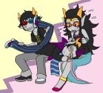  1girl 2boys 3d_glasses anger_vein black-framed_glasses black_hair cape clenched_teeth eridan_ampora fangs feferi_peixes glasses goggles grey_skin homestuck horns jewelry kicking long_hair lowres lying_on_person makeup mihirahira multicolored_hair multiple_boys necklace scarf sharp_teeth short_hair sitting sollux_captor striped striped_scarf two-tone_hair yellow_sclera 